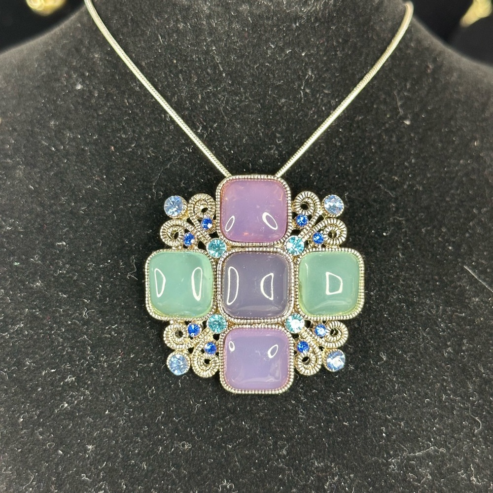 Vintage Maltese Cross Green Purple Cabochon Pendant Brooch